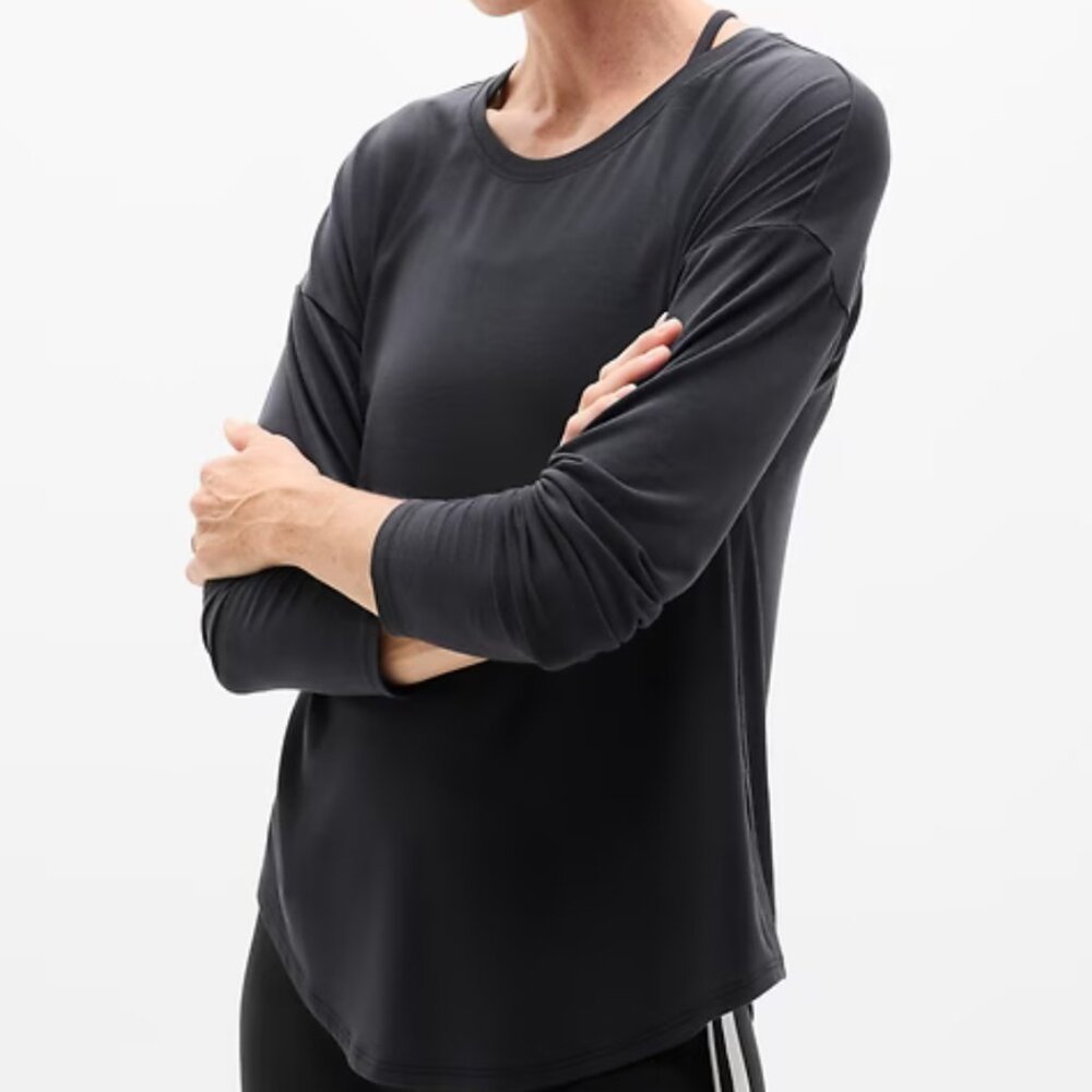 Athelta Move With Ease Top in black - Tall women's extra front length